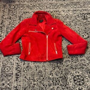 Vibrant Red suede moto Jacket with silver zippers